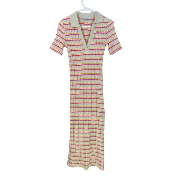 Zara Womens Size M Maxi Polo Dress Stretch‎ Striped Beige Pink Short Sleeve - Picture 1 of 8